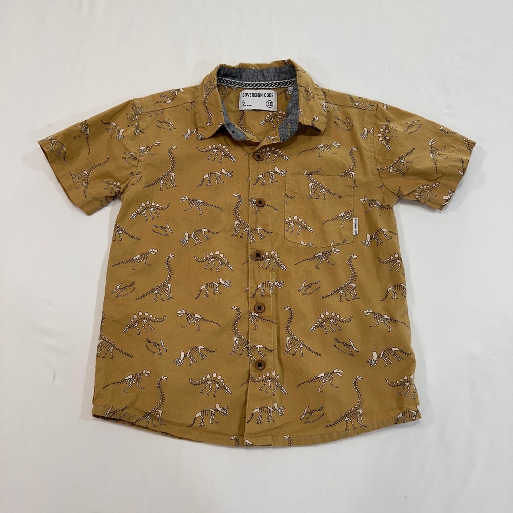 Sovereign‎ Code Harv W2177 Boys 5 Khaki Dinosaur Skeleton Shirt | Preppy Science